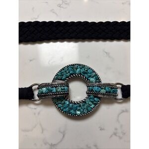 Chicos Southwest Boho Belt Turquoise Metal Round Buckle  Fabric Black Braided XL